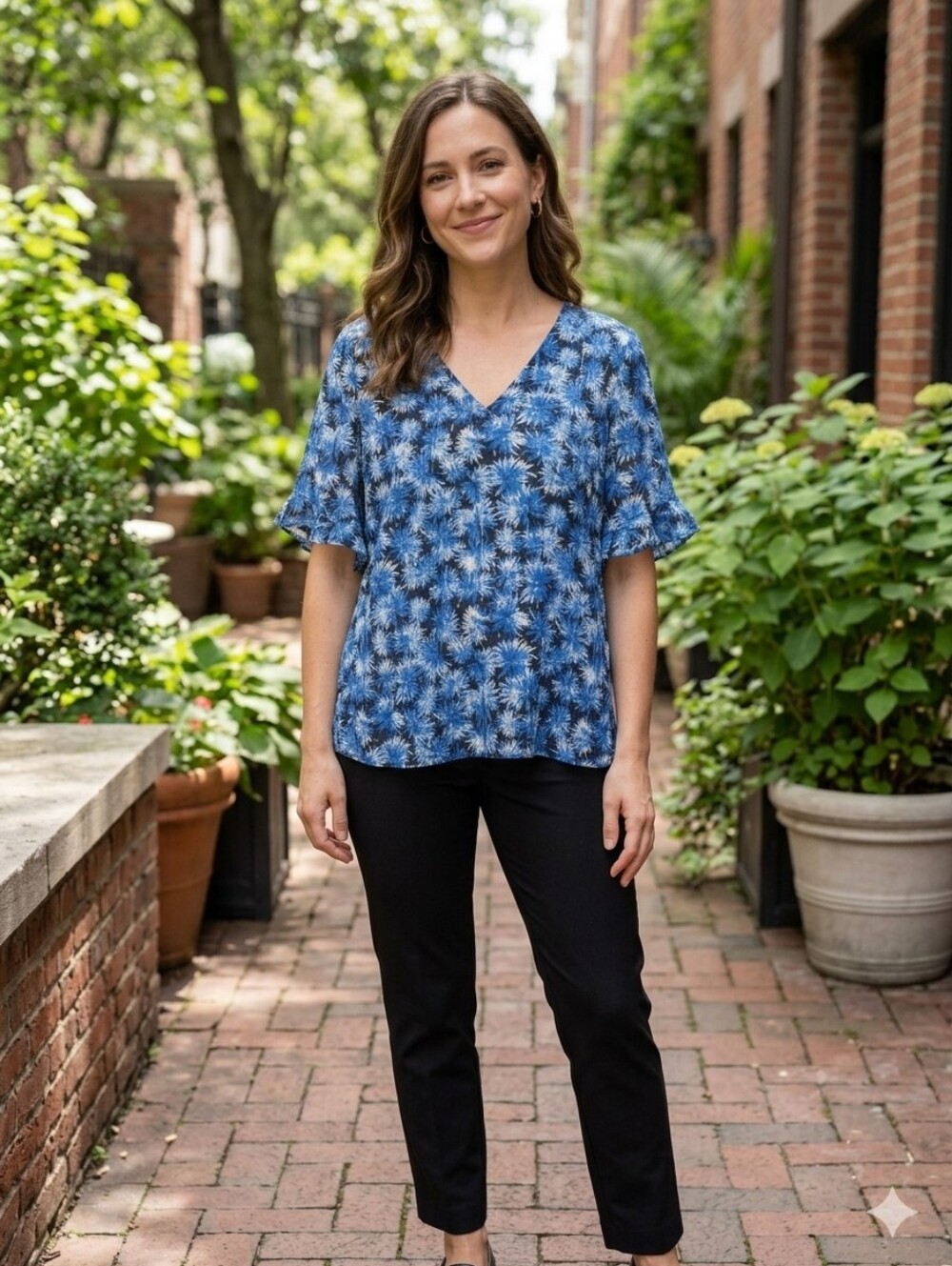 MICHAEL KORS Blue Floral w/ Gold Metallic Accents V-Neck Top Ruffled Sleeves L